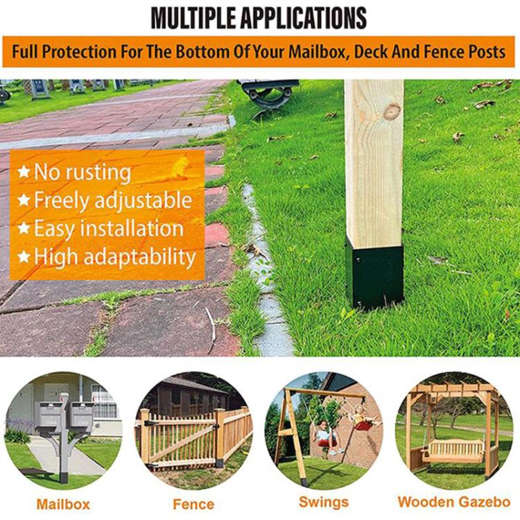 Black metal post protector covering the bottom of a wooden post