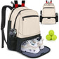 Beige travel layered bag with open shoe compartment, front zip pocket, and side mesh holders