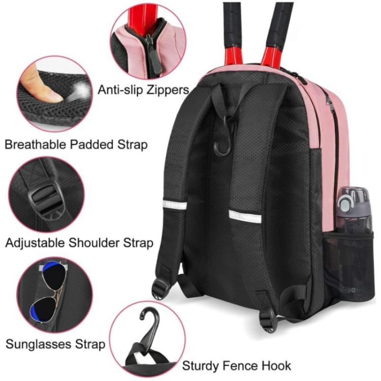 Pink travel layered shoe bag with padded adjustable straps and sturdy fence hook