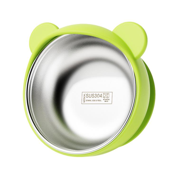 Green silicone toddler feeding bowl with 304 stainless steel inner and suction base.