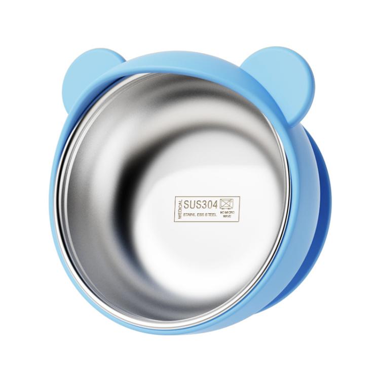 Blue silicone toddler feeding bowl with 304 stainless steel inner and suction base.