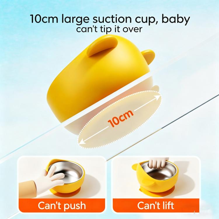Yellow silicone suction-base feeding bowl with 304 stainless steel inner, bear-ear handles.