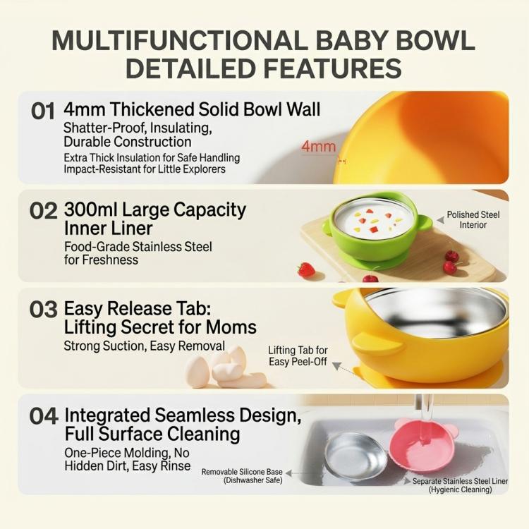 Yellow baby feeding bowl with silicone outer and stainless steel inner, spill-proof