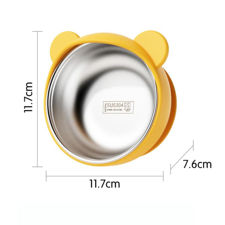 Yellow silicone-rimmed toddler bowl with oval stainless steel inner, top view
