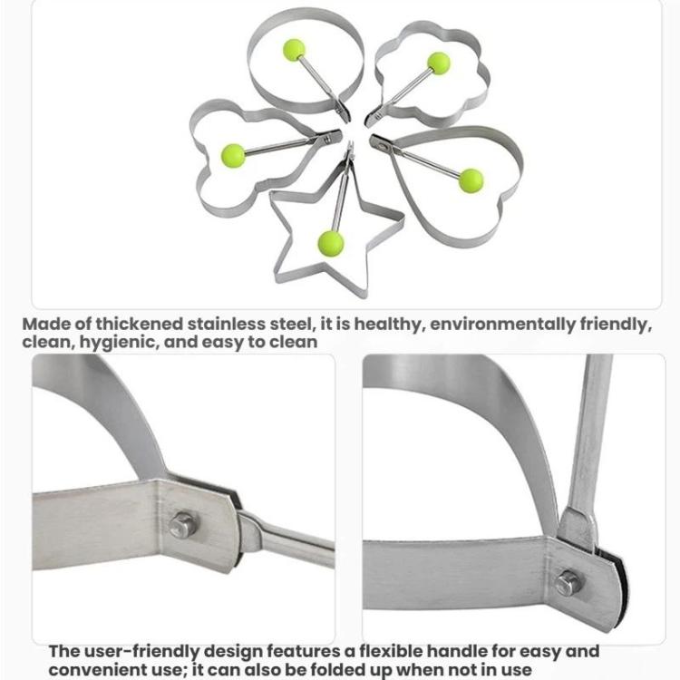 Five stainless steel egg molds with hinged handles and green silicone knobs