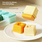 Silicone baby food freezer tray with hinged press-to-release design and compartment lids