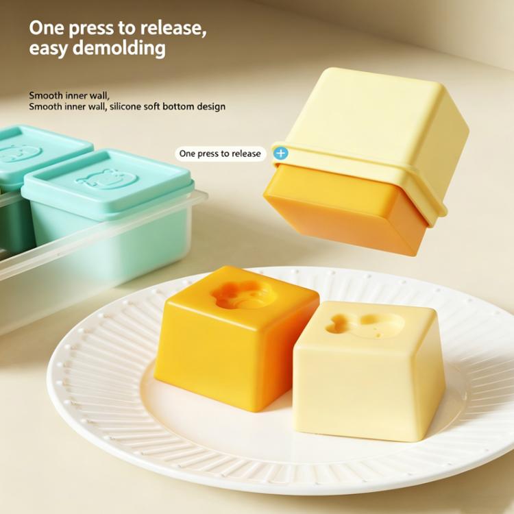 Silicone baby food freezer tray with hinged press-to-release design and compartment lids