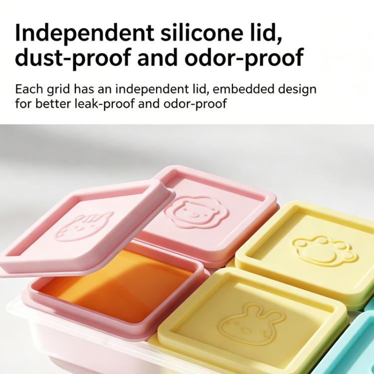 Silicone baby food ice tray with independent dust-proof lids and molded animal shapes