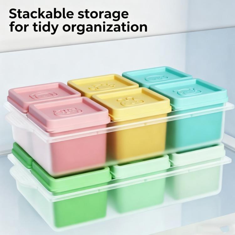 Stackable silicone baby food storage containers with separate lids for tidy organization
