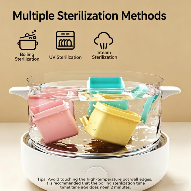 Silicone baby food ice trays with lids in a sterilizing steamer-style setup