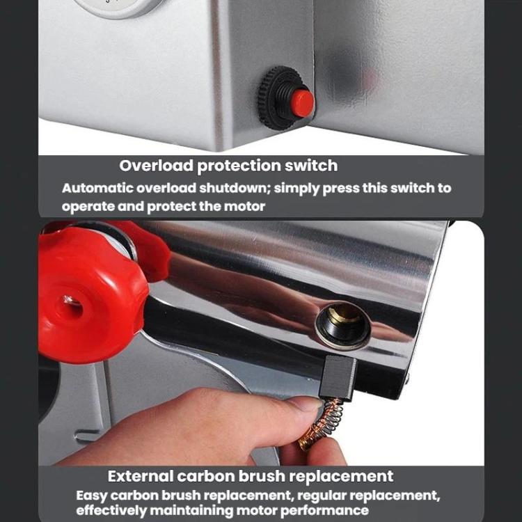 Motor grinder base with overload protection switch and external carbon brush access