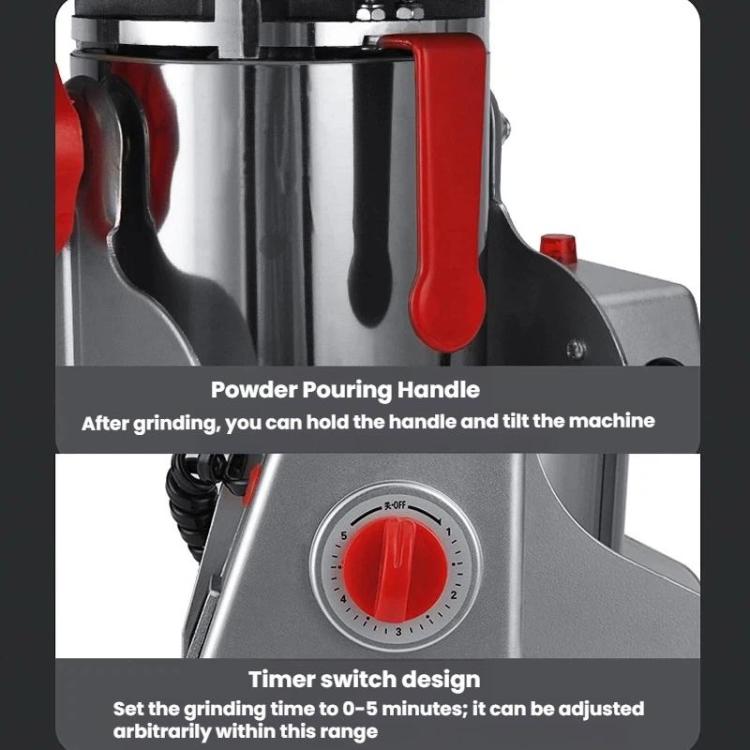Electric seasoning grinder with pouring handle and timer dial, red and stainless steel