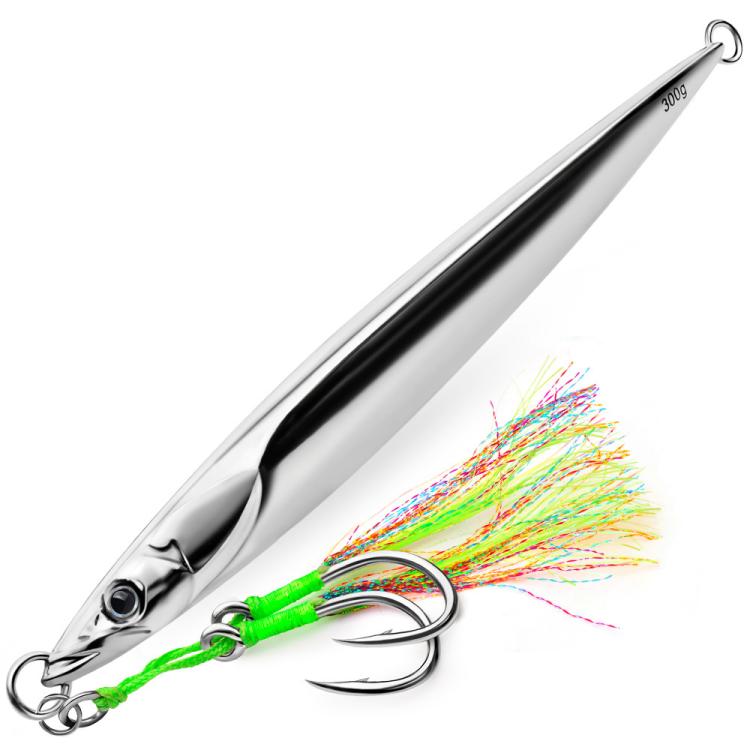 Silver metal vertical jig lure with black stripe, green braid, and feathered assist hooks