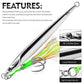 Silver mackerel-style jig lure with black stripe, green braid, and feathered front hook