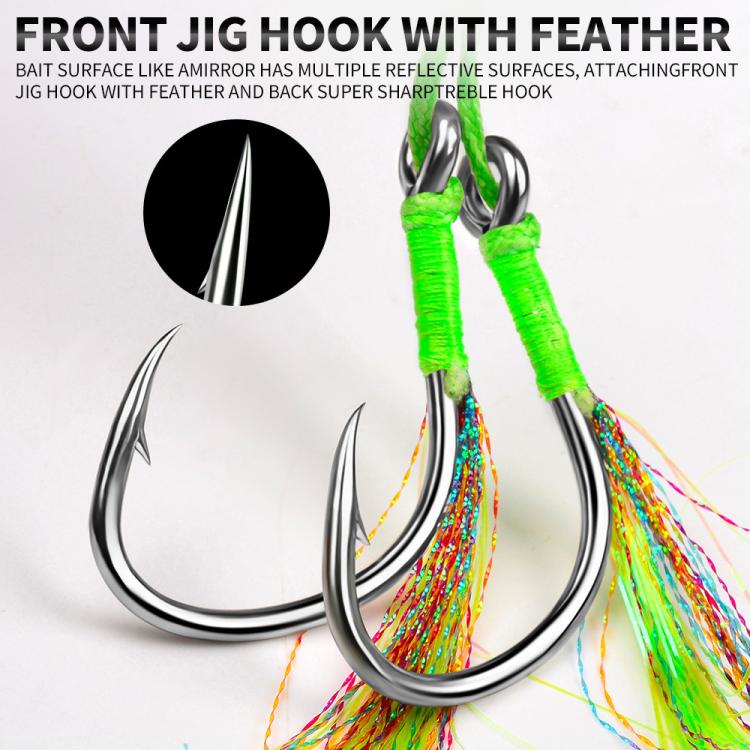 Close-up of front jig hook with green feather and multicolor lure strands