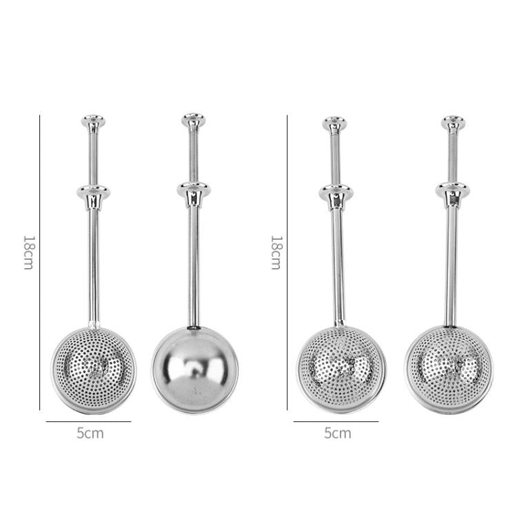 Telescopic stainless steel tea strainer infuser with mesh cup, shown with size measurements