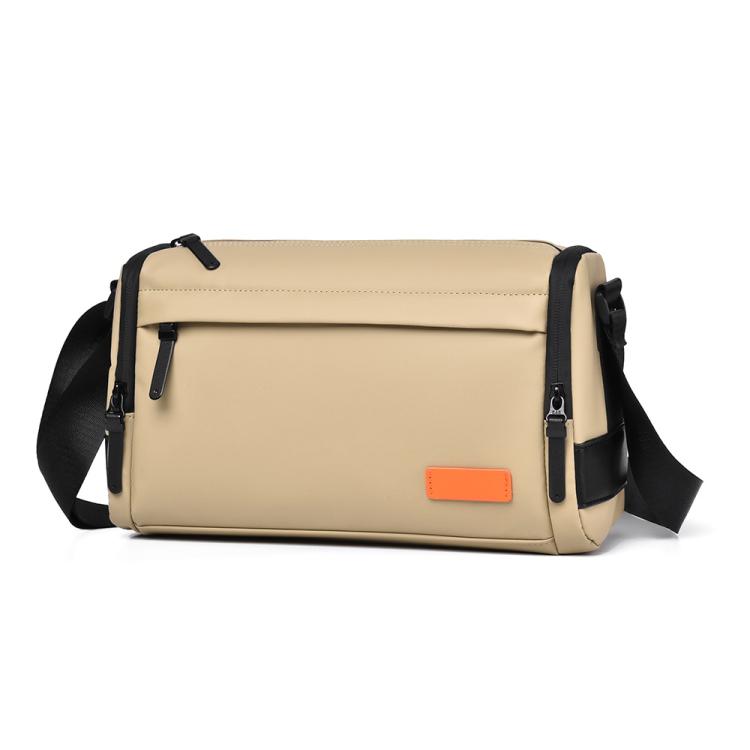 Beige crossbody messenger bag with front zip pocket and adjustable shoulder strap