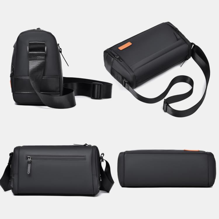 Black crossbody messenger bag shown from multiple angles with adjustable shoulder strap