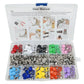 Snap fastener kit with user manual and clear storage case filled with colored snap buttons