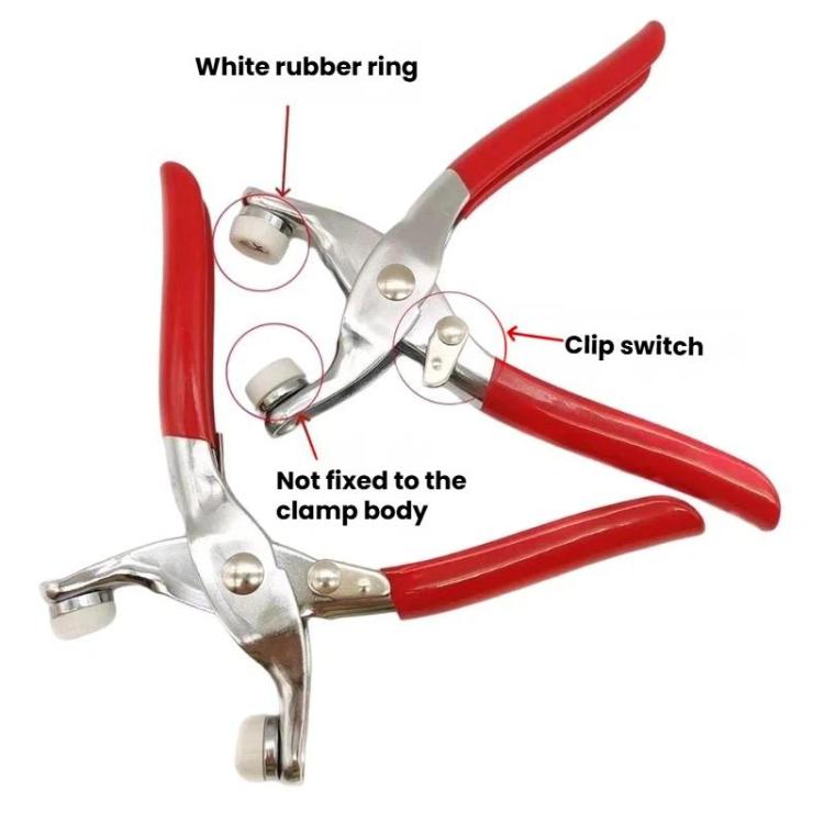 Red-handled metal snap fastener pliers with white rubber ring and clip heads