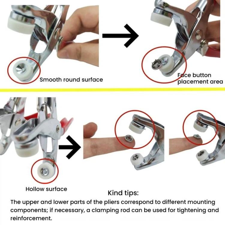Metal snap fastener pliers with snap button parts, showing hollow and smooth surfaces