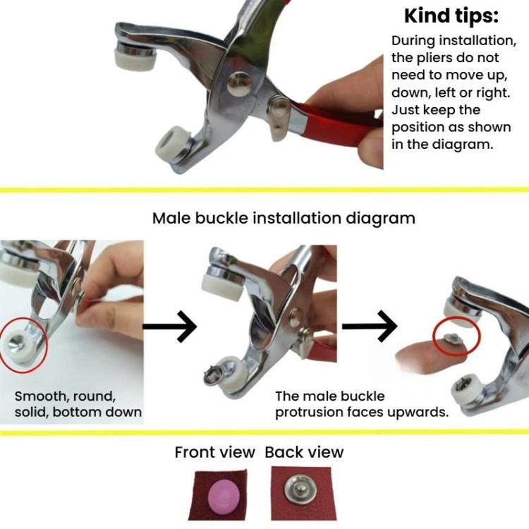 Snap pliers showing male buckle installation diagram and front/back views