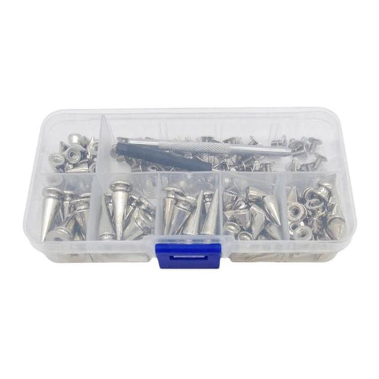 80-piece set of silver metal clothing rivets in clear plastic organizer box