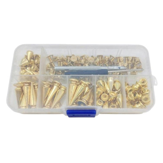80-piece set of gold metal clothing rivets in clear plastic organizer box