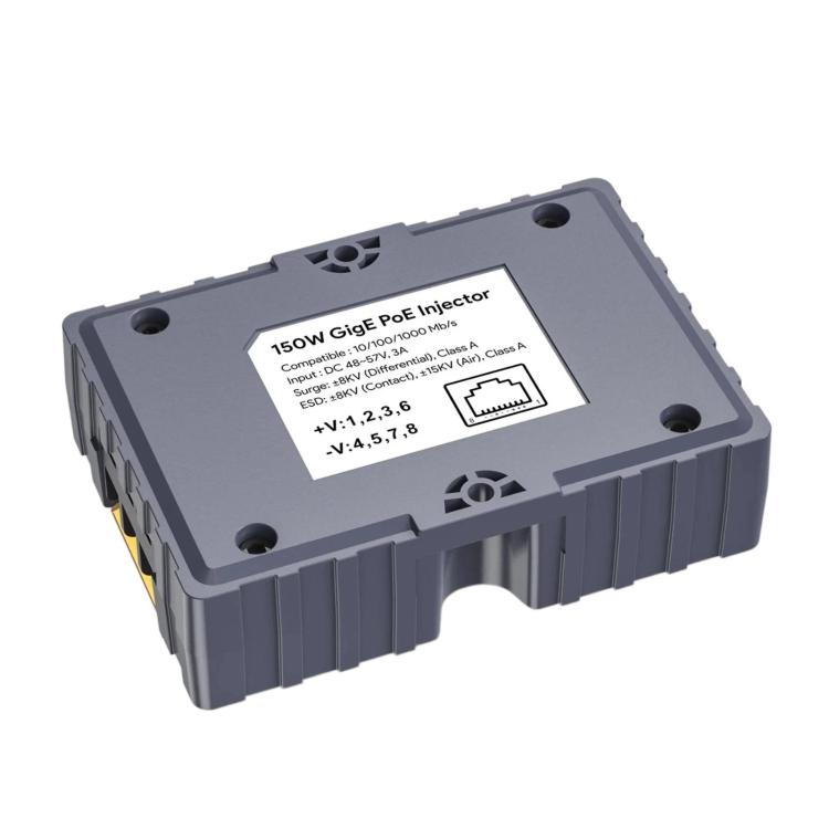 150W GigE PoE injector underside label with mounting holes and Ethernet output port