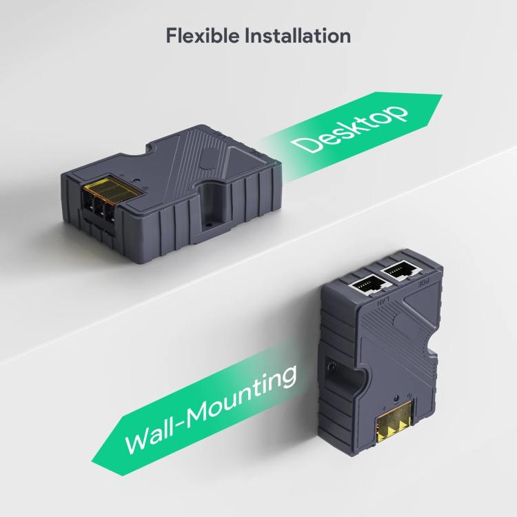 150W PoE power injector with options for desktop or wall mounting orientation
