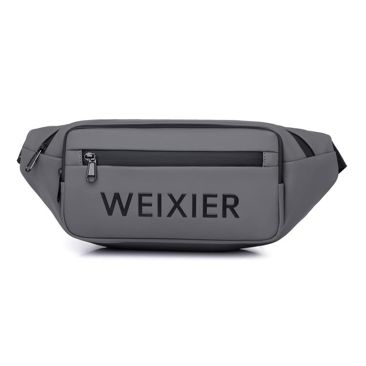 Gray waterproof sling fanny pack with front zip pocket and WEIXIER logo