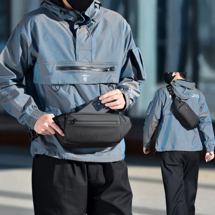 Waterproof sling bag worn across chest with zip front pocket by a person