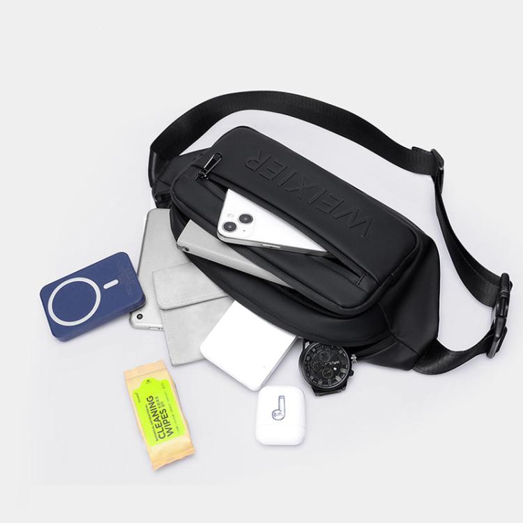 Black waterproof sling fanny pack with adjustable shoulder strap and zip front pocket