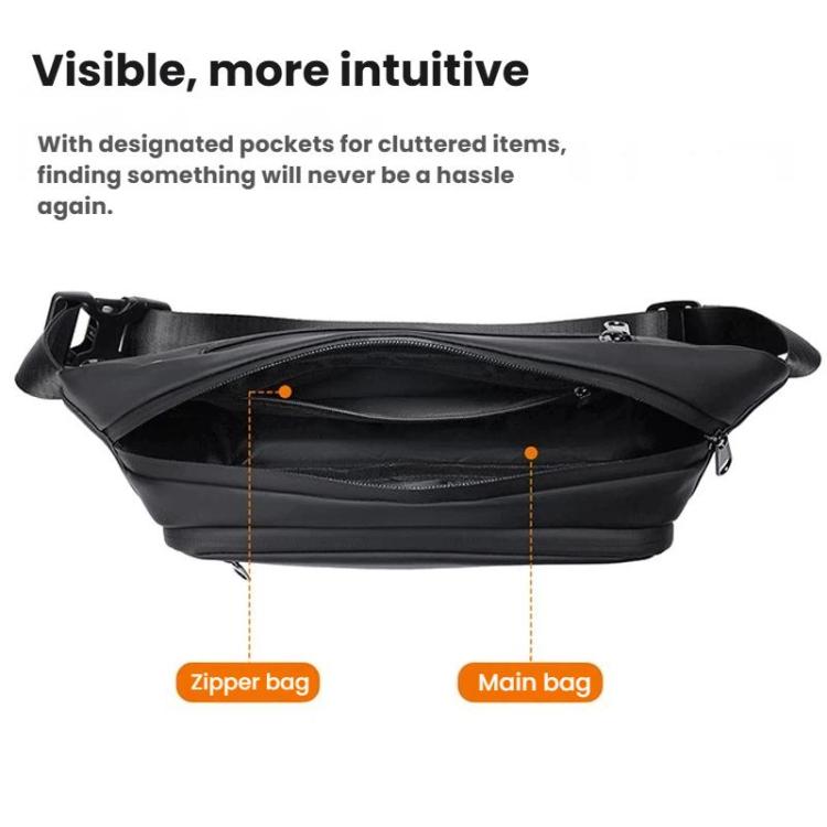 Black waterproof sling fanny pack cutaway showing main and zipper areas inside