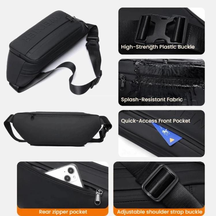 Black waterproof sling bag with adjustable strap, quick-access front pocket, and buckle