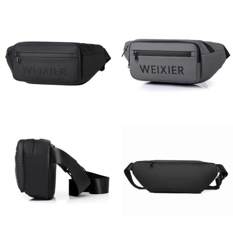 Two waterproof sling fanny packs: black and gray with adjustable shoulder straps