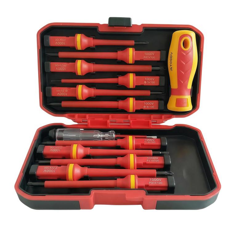 Insulated screwdriver set with red-and-yellow handles in a storage case, multiple bits