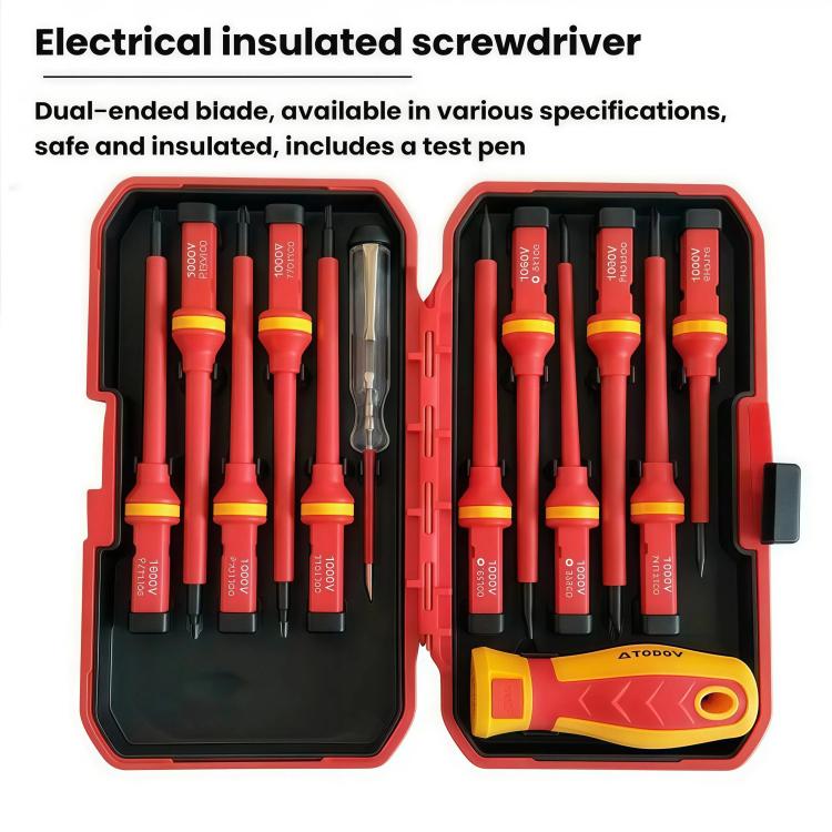 Insulated screwdriver set open in case with red handles, yellow tips, and multiple bits