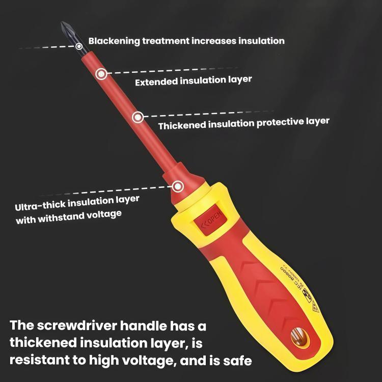 Insulated screwdriver with red shaft and layered yellow insulated grip