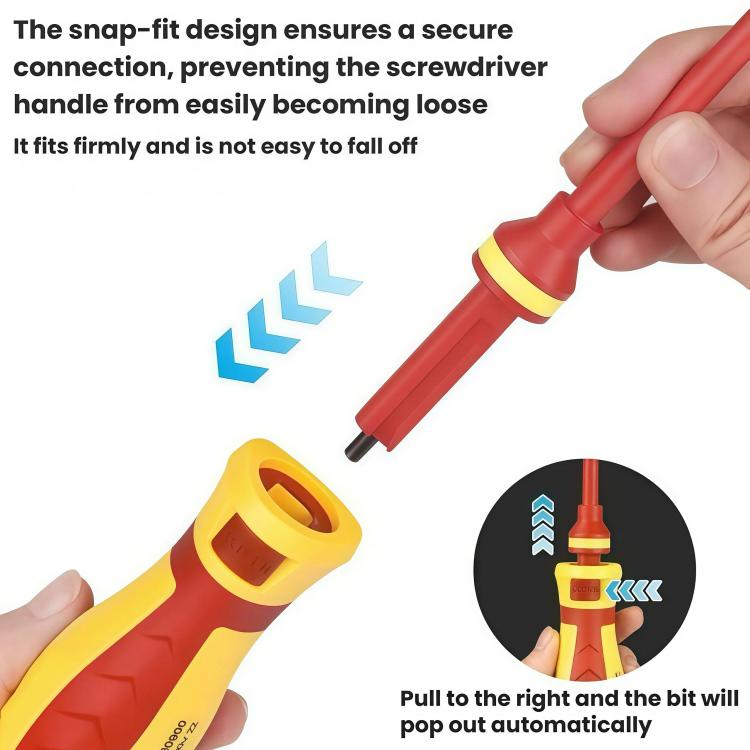 Insulated screwdriver with snap-fit red handle and yellow insulated collar, bit inserted