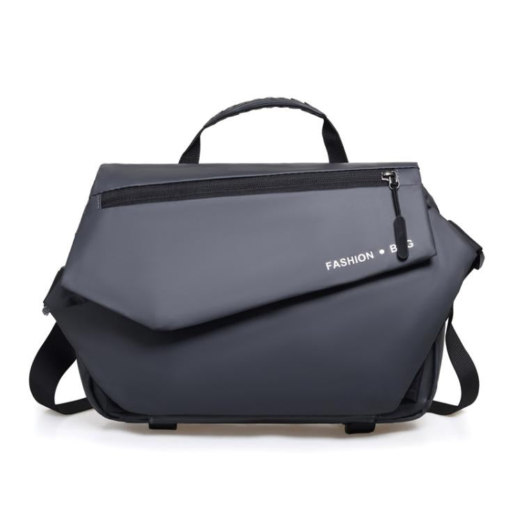 Dark messenger bag with front flap zipper pocket and adjustable shoulder strap
