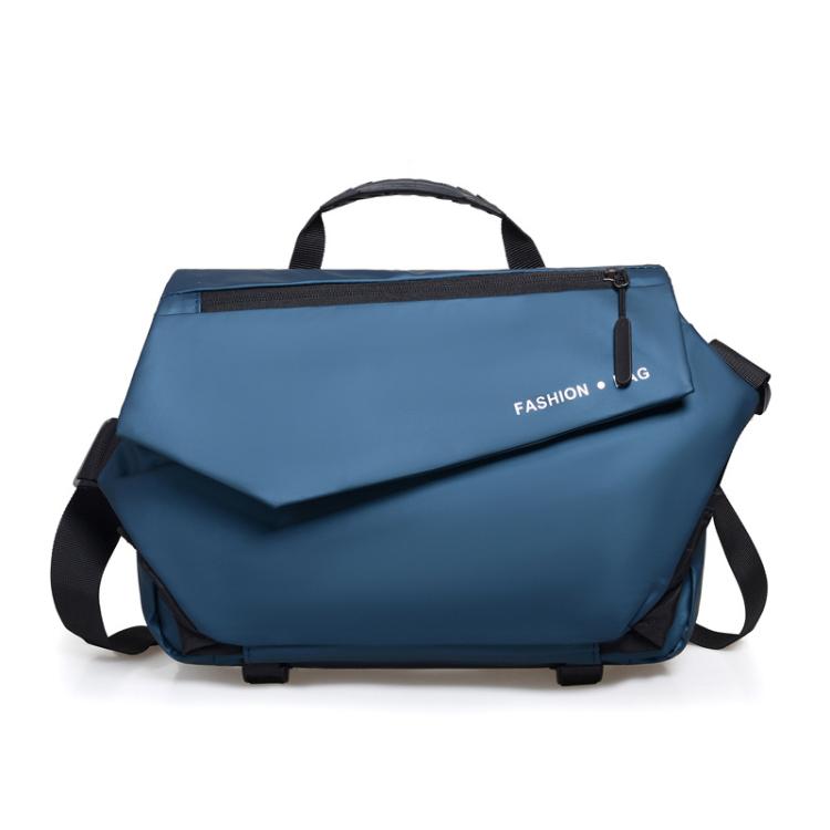 Blue messenger bag with front flap zipper pocket and adjustable crossbody strap