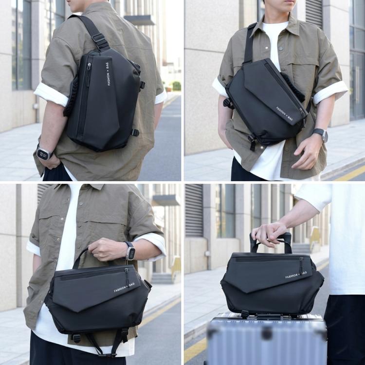 Black crossbody messenger bag with zip compartments and rear luggage strap