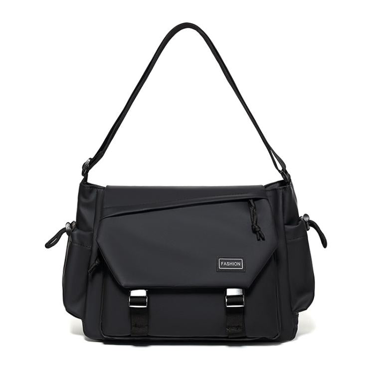Black crossbody messenger bag with top handle, flap front, and adjustable shoulder strap