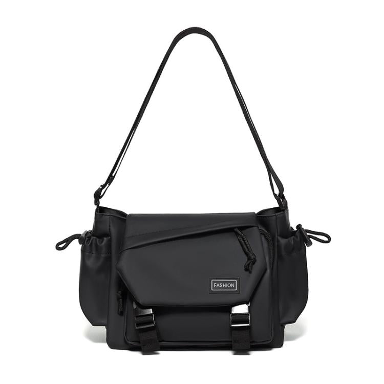 Black crossbody messenger bag with flap front, dual side pouches, and adjustable strap