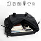 Black messenger bag interior open view with zip pocket and document-sized compartments