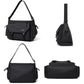 Black crossbody messenger bag shown in front, side, back, and bottom views