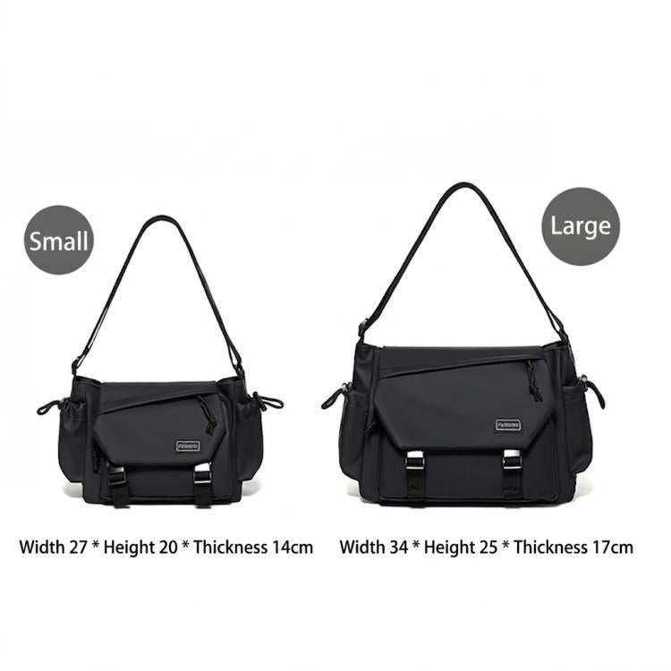 Black crossbody bag size chart with small and large bag views