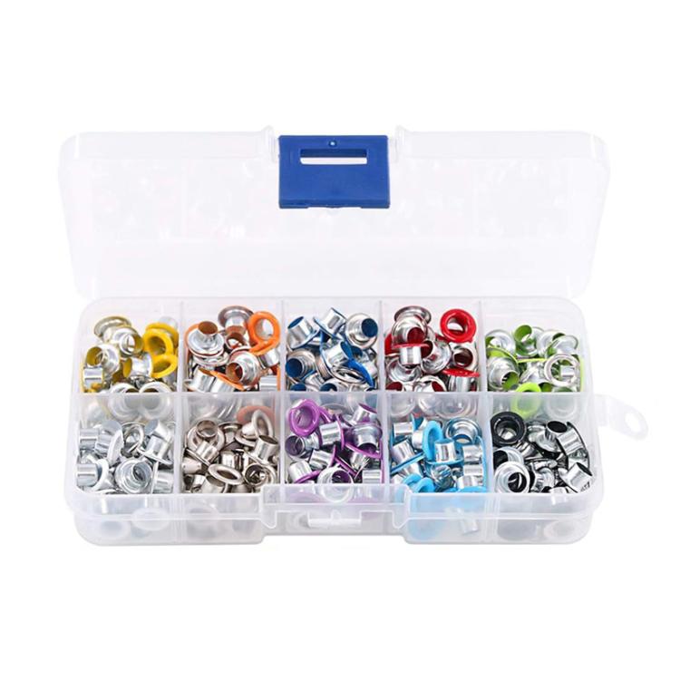 Set of 5mm metal eyelets in a clear 10-slot storage box with assorted colors