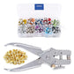 Metal eyelet setting pliers with 5mm eyelets in a clear 10-slot organizer case